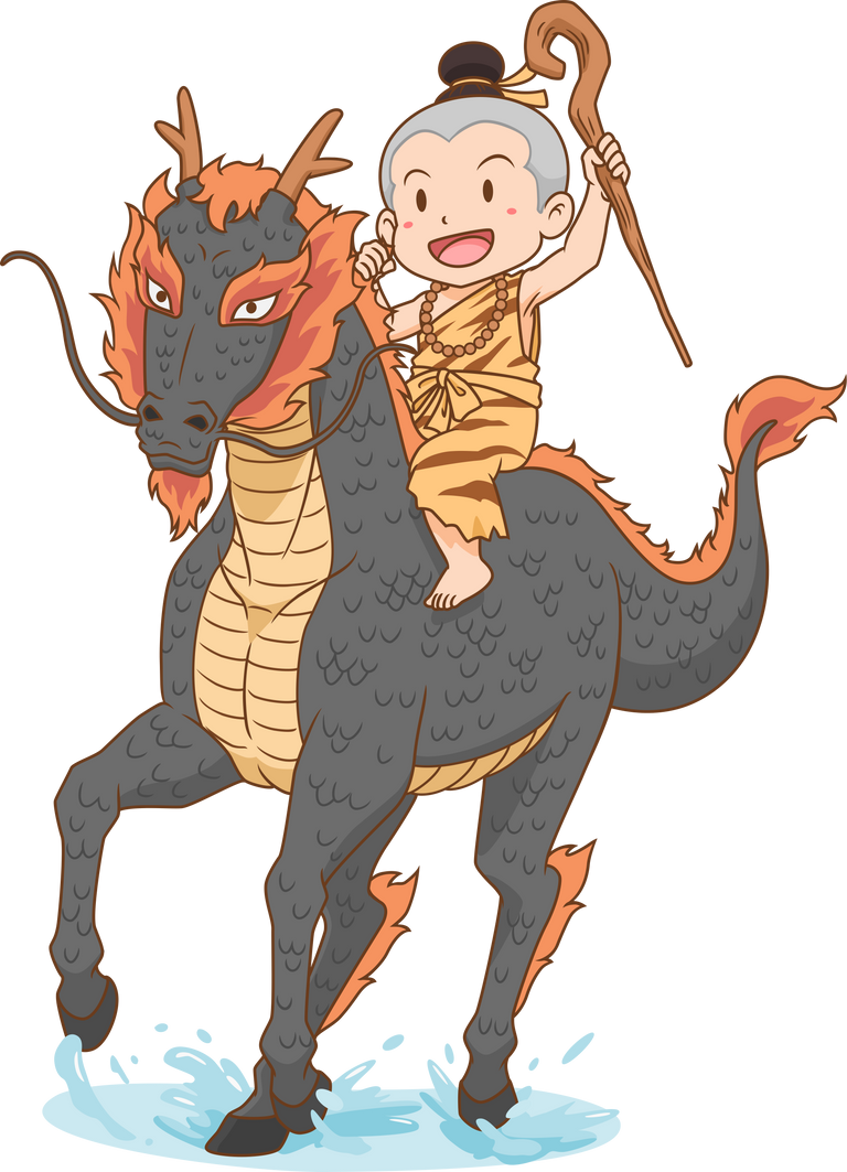 Cartoon hermit boy riding a black dragon horse.